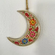 Hand Painted Paper Mache Cresent Moon Ornament Double Sided Floral wall art