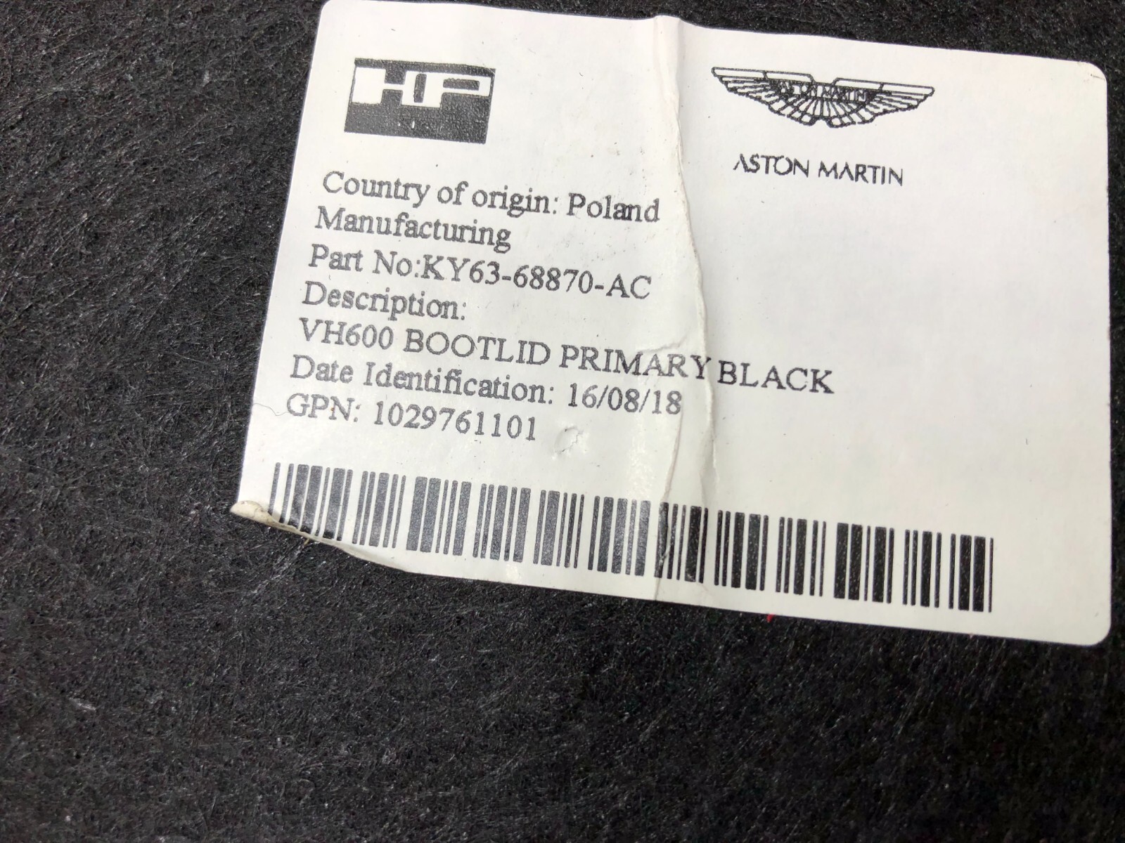 2018-2021 ASTON MARTIN VANTAGE REAR TRUNK BOOT LID CARGO COVER TRIM OEM.