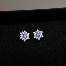 Silver Frozen Snowflake Flower Pave Blue Cubic Zirconia Stud Earrings