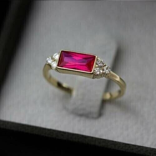 2Ct Emerald Cut Lab Created Pink Ruby Womens Wedding Ring 14K Yellow ...