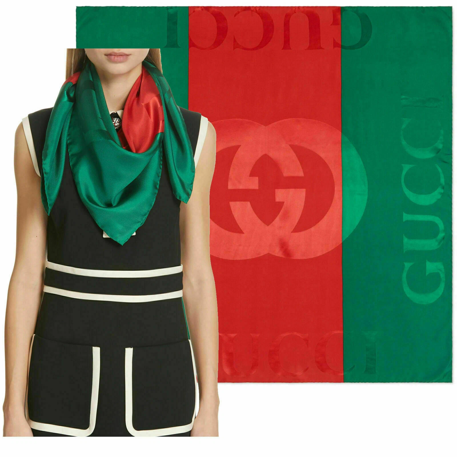 FOULARD GUCCI VERT ROUGE WEB GG LOGO IMPRIMÉ JACQUARD SOIE SERGÉ FOULARD 35