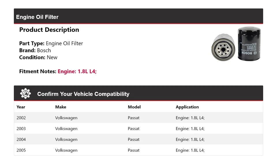 Filtro de óleo do motor Volkswagen Passat 1.8L L4 Bosch 2003 2004 2002-2005 - Imagem 2 de 3