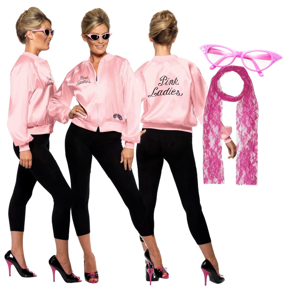 Womens Pink Ladies Jacket Film Grease 50s 60s Fancy Dress Costume Outfit  Scarf