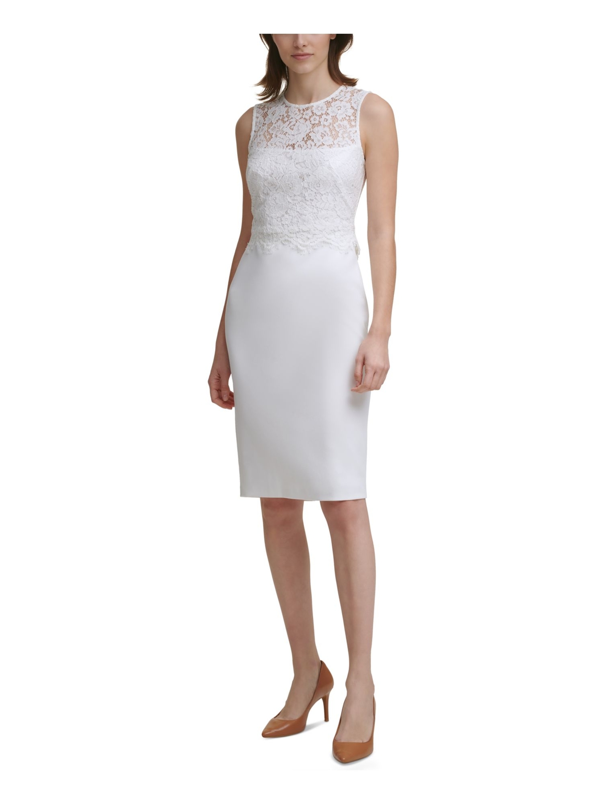 CALVIN KLEIN Womens White Stretch Lace-overlay Scuba Crepe Dress Petites 0P