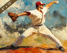 Baseball pitcher in mid-throw oil painting 8x10 Print