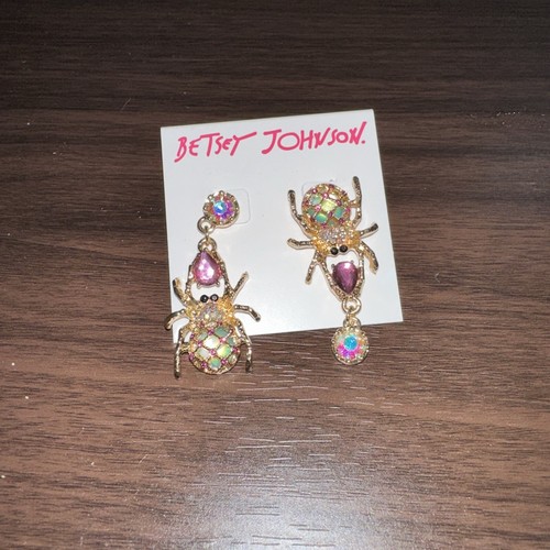 Betsey Johnson Gold Tone Multicolor Mismatch Spider Dangle/Drop Earrings - Picture 2 of 4