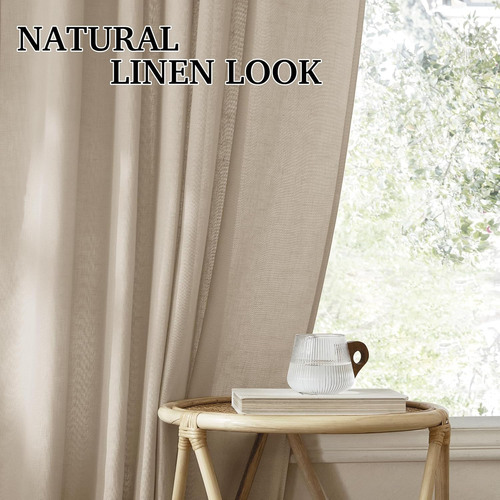 Back Tab Taupe Linen Curtains for Farmhouse, Boho Rustic Sheer Decoration for Di - Picture 7 of 7