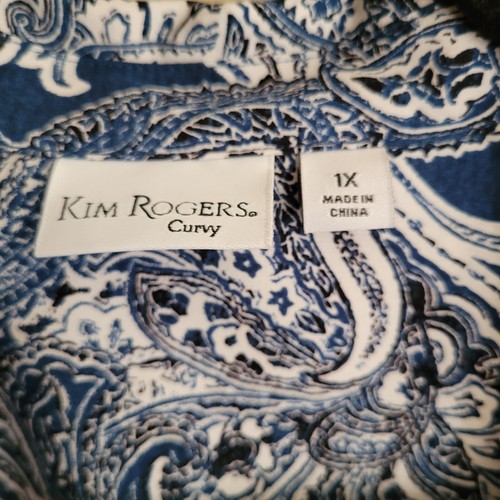 Kim Rogers Womens Blouse Plus Size 1X Blue Paisley Roll Tab Sleeves Pockets NWT - Picture 2 of 11