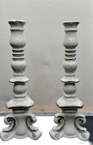 Vintage Art Deco Style Handmade Candlesticks- Signed 40’s 12 In Tall - Gold Acc - Picture 4 of 17