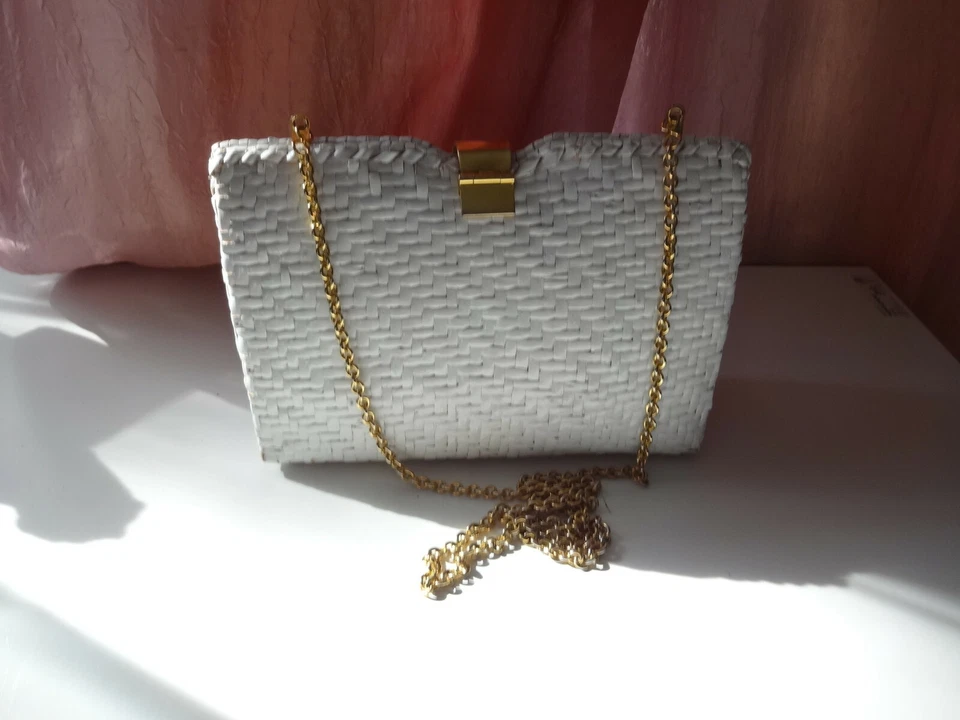 复古 Vacation Travel Bamboo Wowen 手包 晚装 白色 金色 钱包 手提包 — 第 3/4 张图片