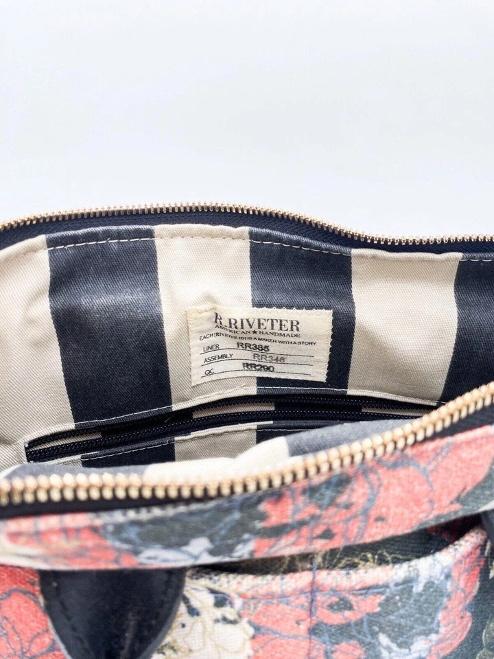 R. Riveter DOT Canvas Satchel Bag Purse Floral w Leather Crossbody Strap 12”x8” - Image 4 of 4