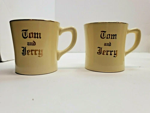 2 Vintage Gold Trimmed Cream TOM and JERRY Coffee Punch Mugs Cups 