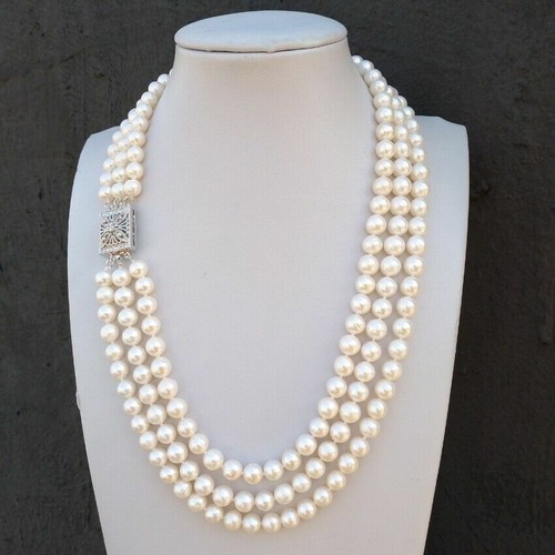 Classic 3 Strand Natural 6-7mm Round South Sea White Pearl Necklace 18" 19" 20" - Picture 2 of 7