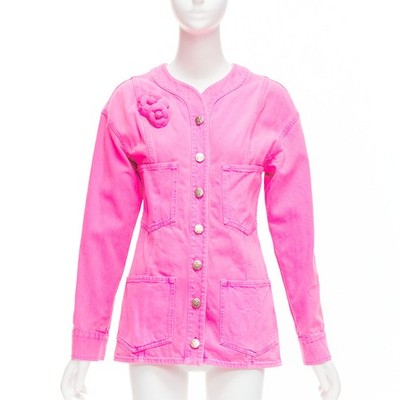 CHANEL 2021 neon pink cotton denim CC logo camellia embellished jacket FR34 XS