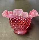 Fenton Cranberry Opalescent Hobnail Ruffled Bowl Vase  1940s