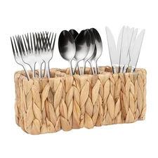 Wicker Silverware Caddy Water Hyacinth Cutlery Utensil Holder for Countertop ...