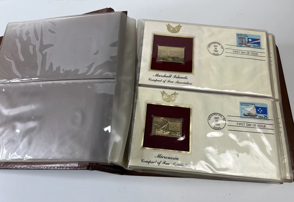 ¡Oferta! Lote de 28 estampillas de Estados Unidos réplicas de oro FDC 1990-1991 - 28 portadas en un álbum Foto 3 de 4