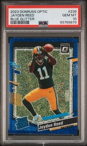 2023 Donruss Optic Rated Rookie Jayden Reed #239 Blue Glitter Prizm (RC) PSA 10