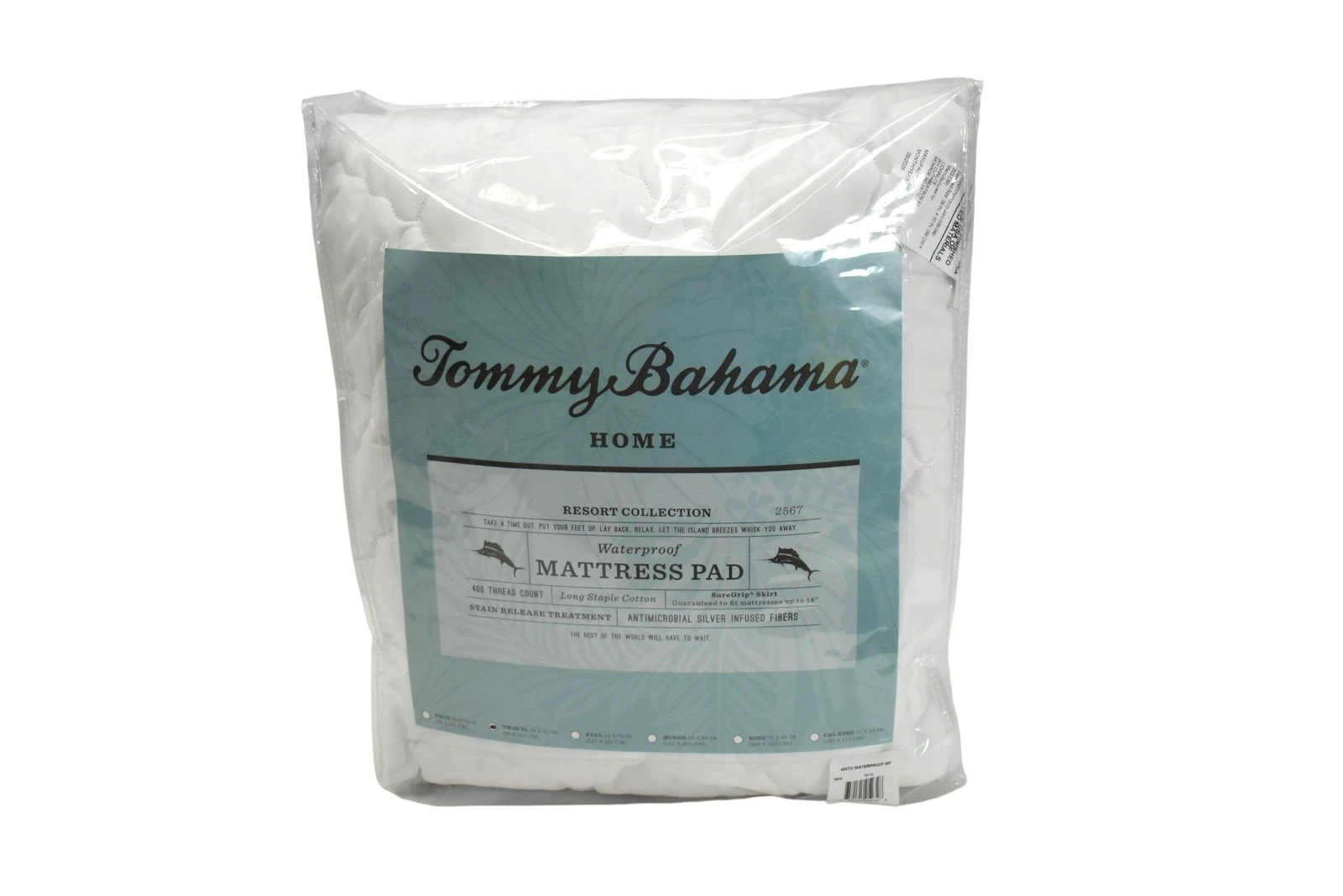 Tommy Bahama Home Waterproof Mattress Pad Twin XL 400TC Cotton White SureGrip