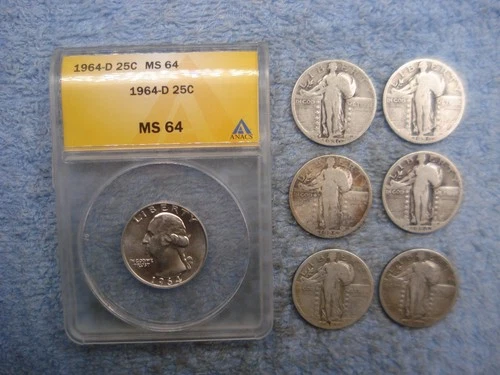 6 SILVER  WALKING LIBERTY QUARTERS WITH DATES +1964 D ANACS MS64 WASHINGTON QUAR