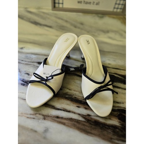 Zara Women Cream Black Bow Kitten Heel Mules Pointed Open Toe Shoes Size 38 NEW