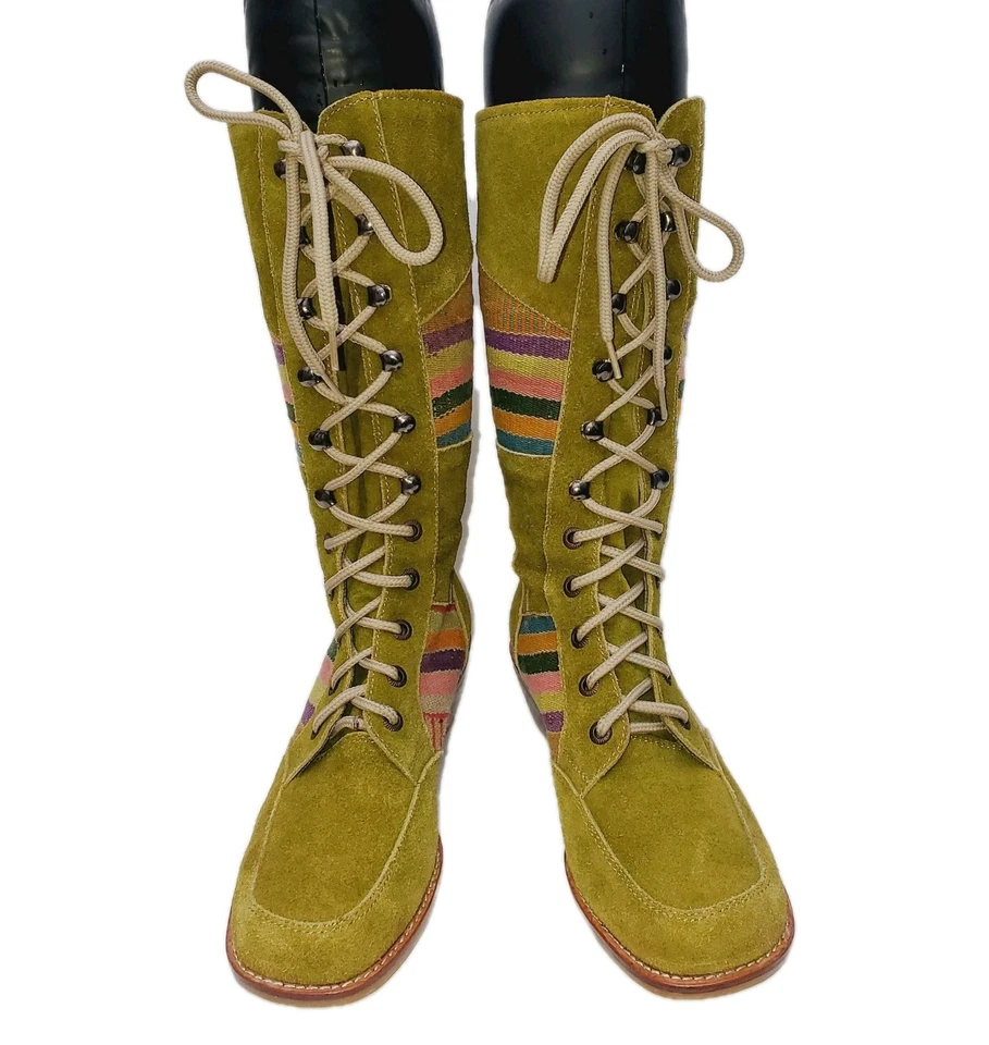 Botas Bohemias Fairycore Hechas a Mano Gamuza Verde/Tejida Guatemala Talla 6 Nuevas Foto 3 de 4