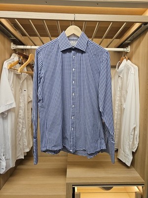 Herren Thomas Pink Slim Fit Hemd Blau Weiß Gingham Kariert Baumwolle 15,5 Formell