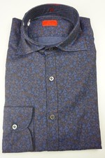 Isaia Napoli Indigo Blue Brown Floral Long Sleeve Cotton Shirt Sz 15.5/39 NEW