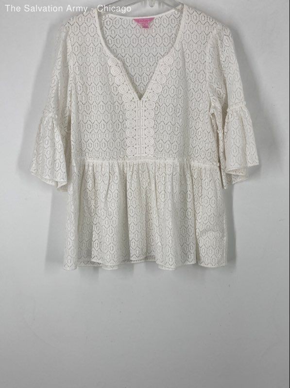 Lilly Pulitzer Womens White Cotton Blend 3/4 Sleeve Blouse Top Size Medium
