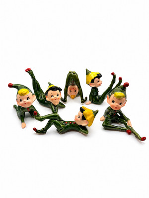 6 Vtg 50s Ceramic Tumbling Pixie Elf Figurines Japan Flower Hat Kitschy EVC