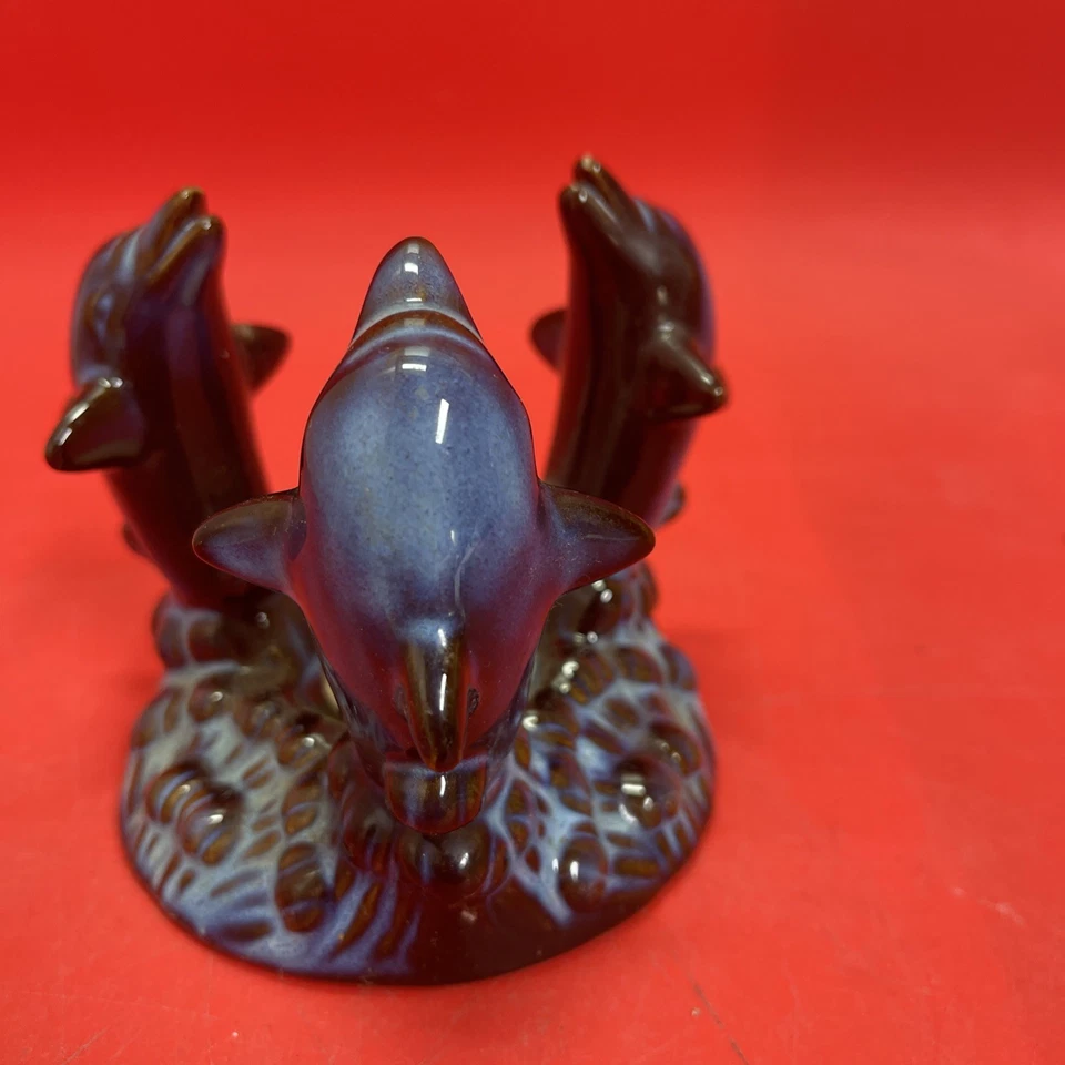 Three Dolphin Blue Glaze Pottery Ceramic Tealight Candle Holder - Изображение 3 из 4