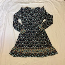 Loft Ruffle Paisley Fit & Flare Dress Womens Size Small Short Blue Shirt Dress