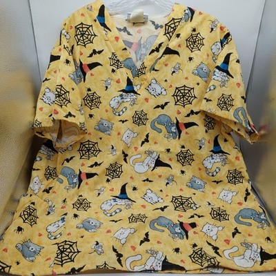 Ws Fundamentals Halloween Scrub Size Large Yellow Black Cats Spiderwebs 