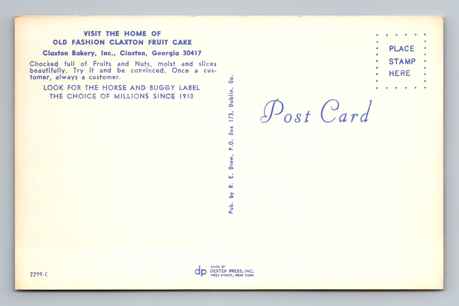 Claxton GA-Georgia Claxton Bakery Old Fashion Fruit Cake Home Vintage Postcard