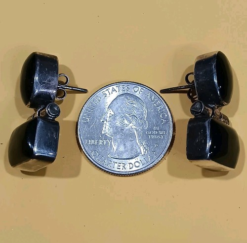 Vintage Mexico .925 Sterling Silver Hinged Earrings, Oval & Rectangle Black Onyx - Picture 5 of 5
