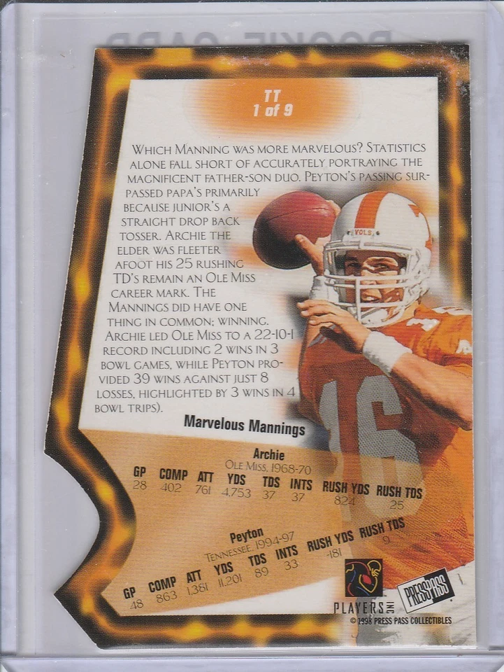 Pase de prensa Peyton Manning 1998 novato triple amenaza TT-1 de 4 raro Foto 2 de 2