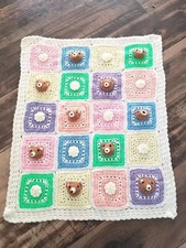 Handmade Baby Blanket Crochet Knit 3D Teddy Bears  Flowers 26" X 33"