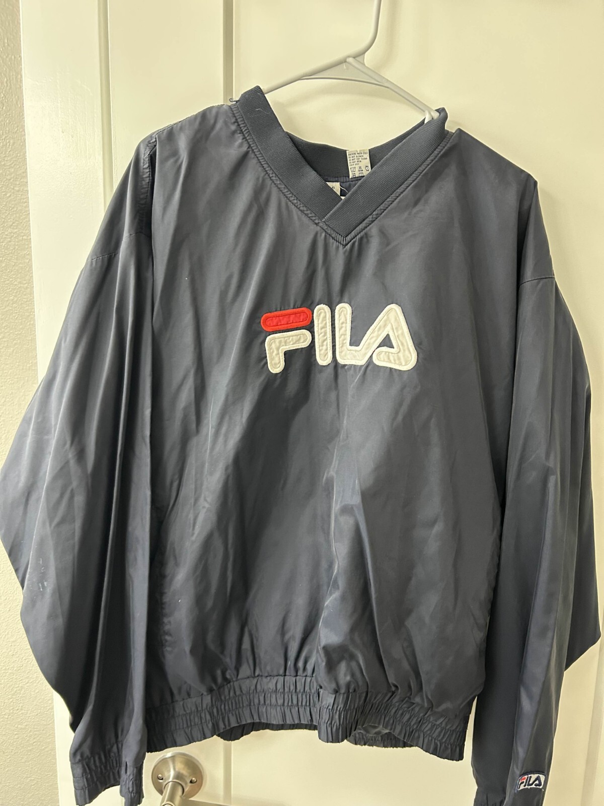 Pullover scollo a V vintage FILA anni 90 blu navy giacca a vento golf uomo L