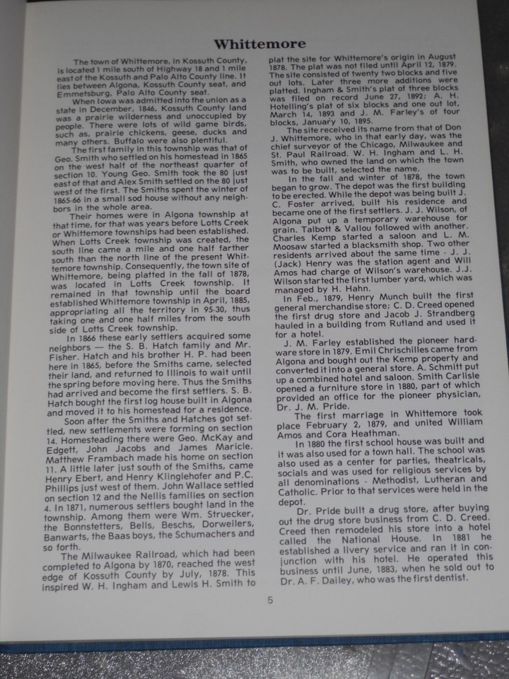 148 Year Photo History of Whittemore Iowa Town Business, Sports Family