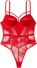 Victoria's Secret Bombshell Fishnet Floral Teddy, Push Up, Red Size XL NWT