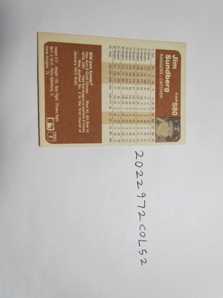 1983 Fleer Jim Sundberg Signed Baseball Card Beckett Pre-Certified  - Image 2 of 2