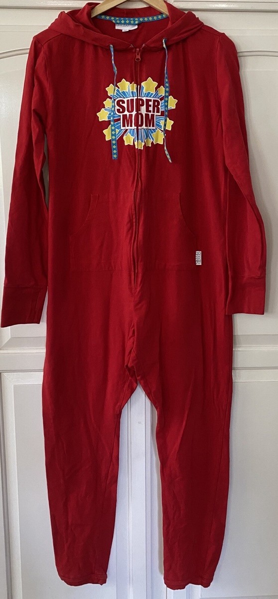 SUPER MOM Red Hoodie Pajamas Zipper Thumb Hole Cuffs Women's Size
