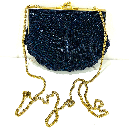 Vintage La Regale navy blue beaded evening bag converts to dressy clutch purse - Picture 2 of 11