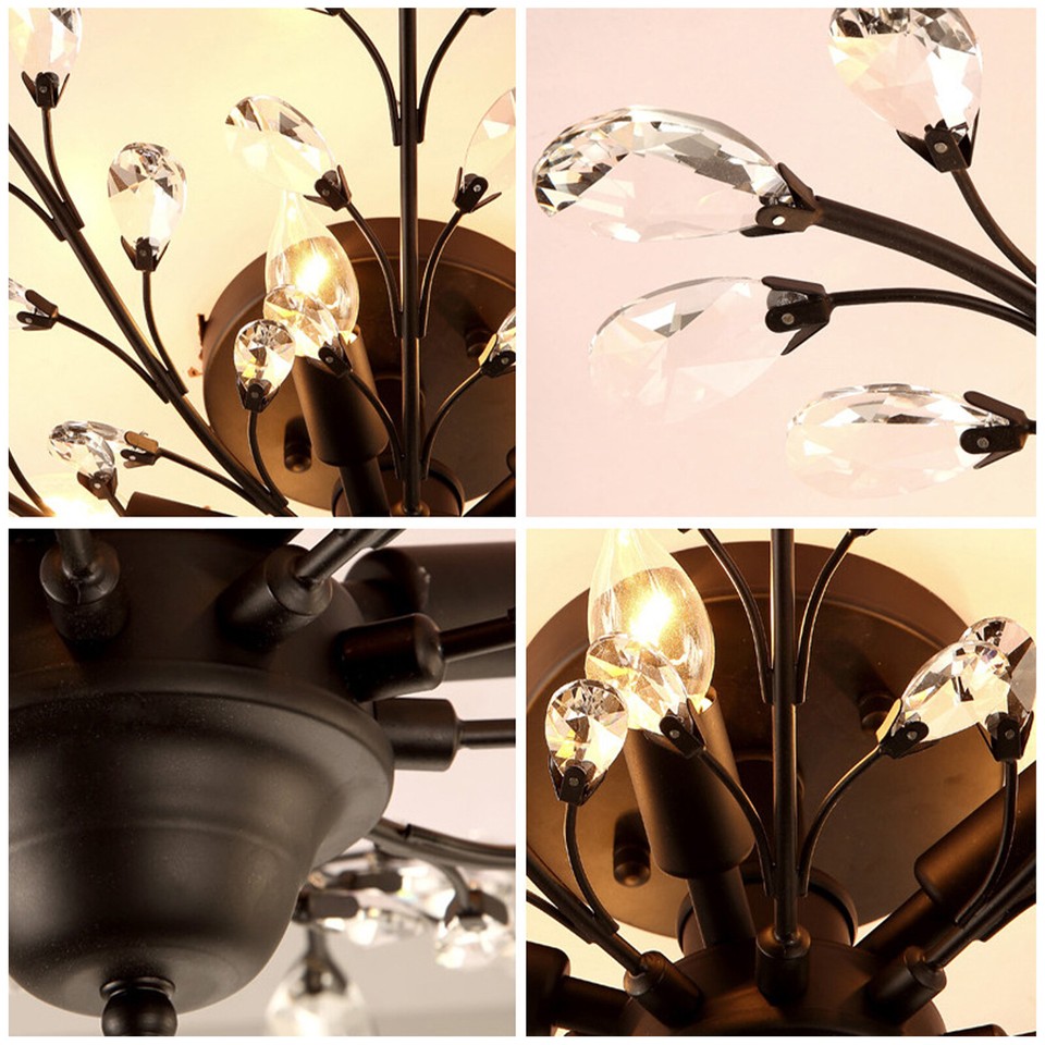 Black LED Chandelier Branches Crystal Pendant Lamp Vintage Bedroom