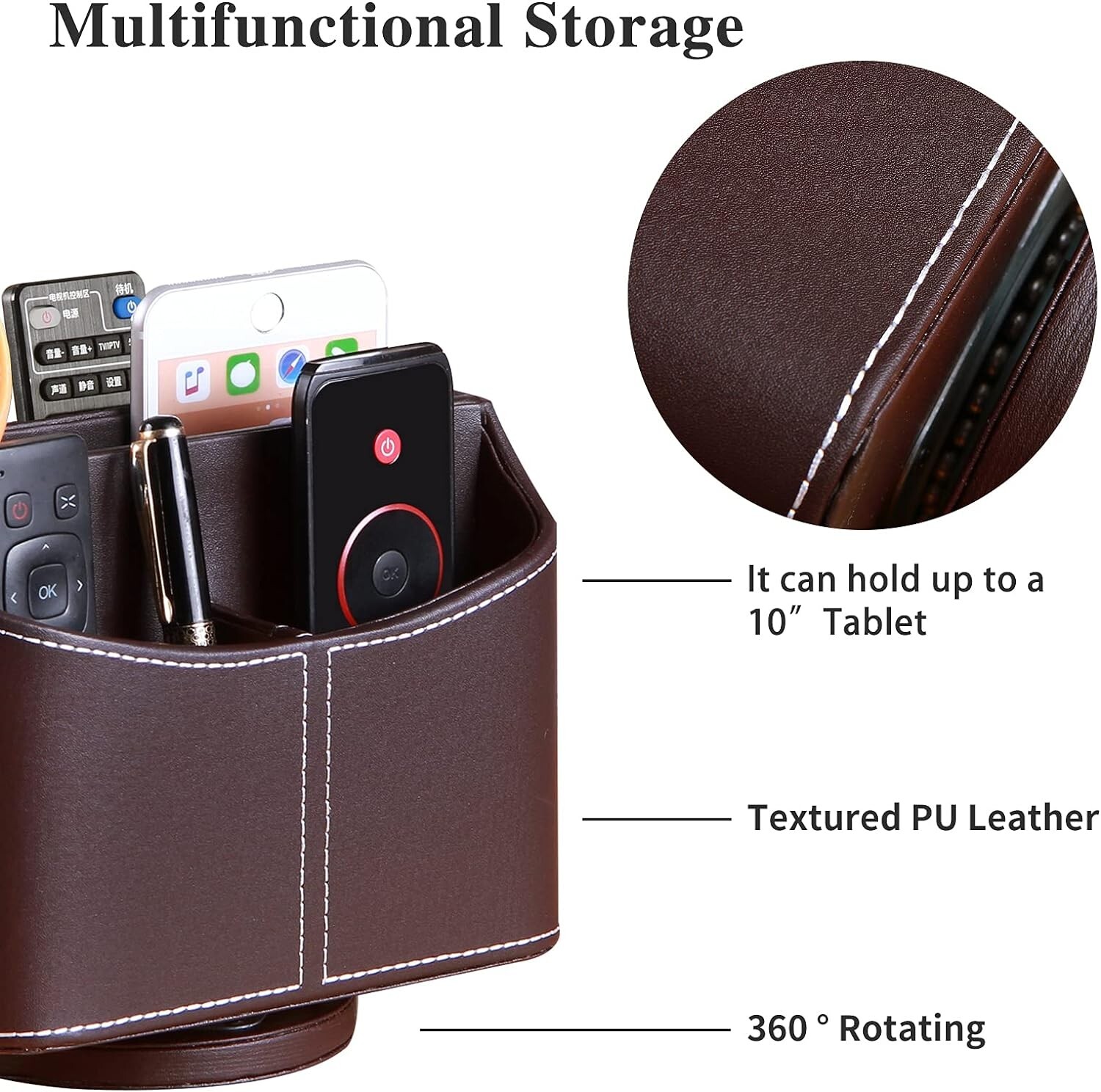 Upgraded Faux Leather Remote Control Holder 360 Degree Rotating TV