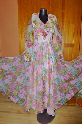 Vintage 70s Sheer Organza FLORAL Print Ruffle BOHO Wedding Full Skirt MAXI  DRESS