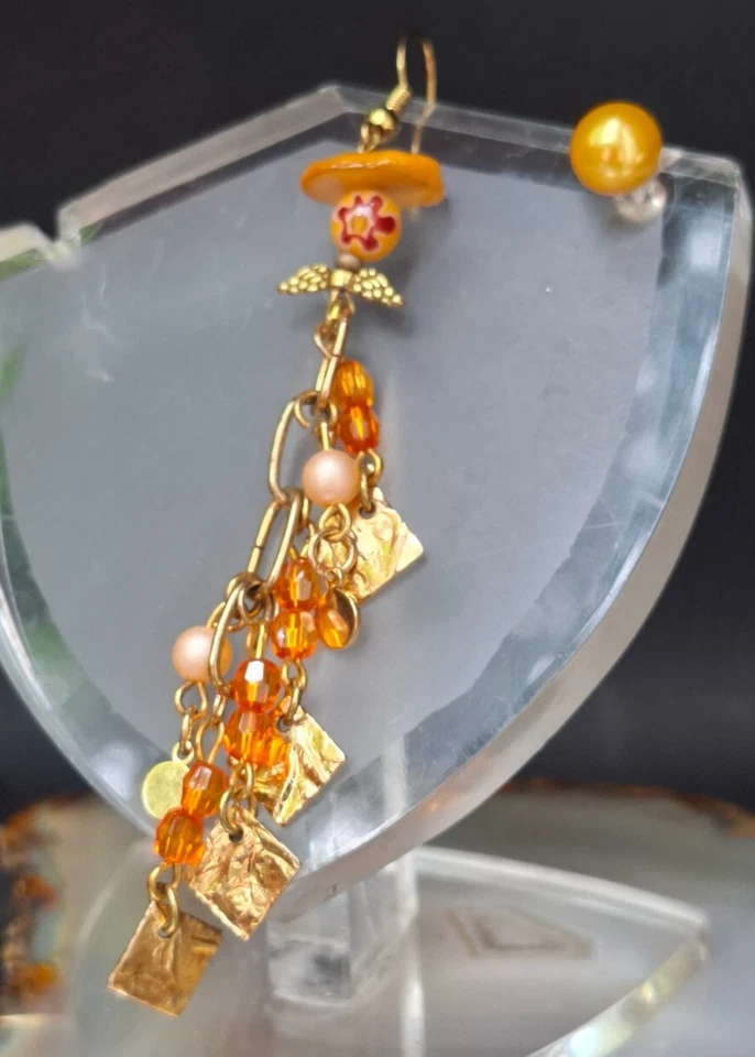 Ohrringe Perlen Stecker + Hänger Messing Perlen Achat 10cm Schutzengel Unikat - Bild 2 von 4