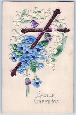 Easter Postcard Greetings Holy Cross Flowers Ringing Bell Airbrushed c1910's