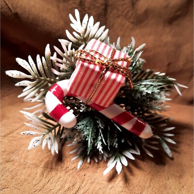 Vintage Ralphs Supermarket Blow Mold Candy Cane Silk Flowers Handmade Snow Frost