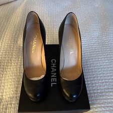 CHANEL Women's Black Leather Cap Toe Stiletto Pumps US 8.5 B Slip On